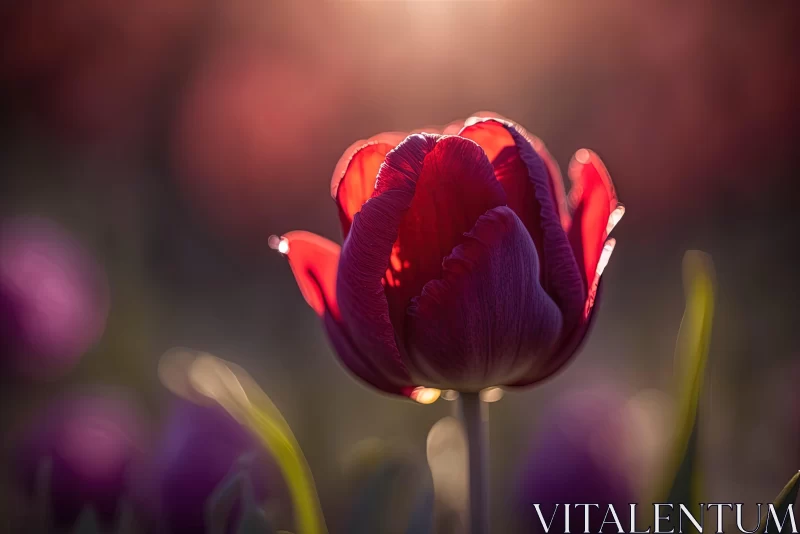 Red Tulip Amidst Purple Under Sunset - An Impressionist's Dream AI Image