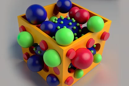 Abstract 3D Rendered Cube Surrounded by Colorful Balls