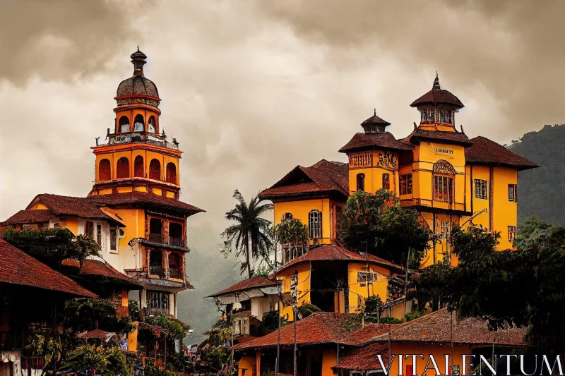 Old Yellow Buildings in Dark Mountains: Afro-Colombian Themes and Tropical Baroque AI Image