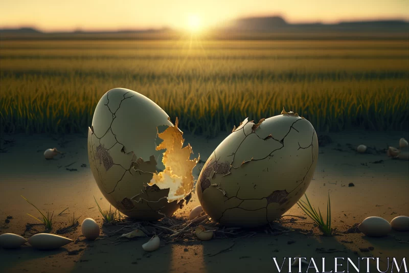 Sunset Over Broken Eggs in Field: A Digital Art Representation AI Image