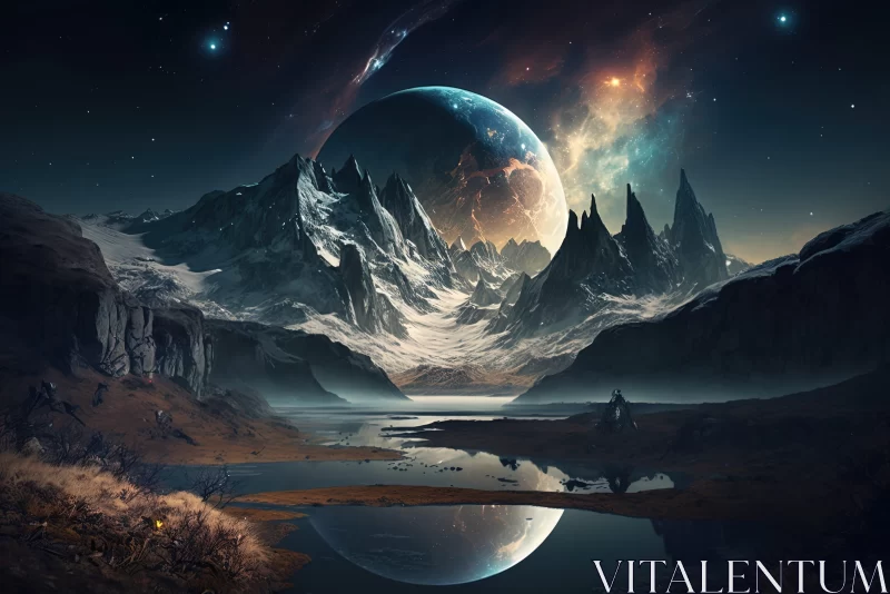 Mesmerizing Space Landscape with Mountains and Ponds AI Image