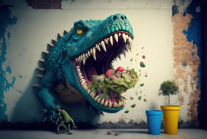 Surreal Urban Art: Dinosaur Amidst Vegetables