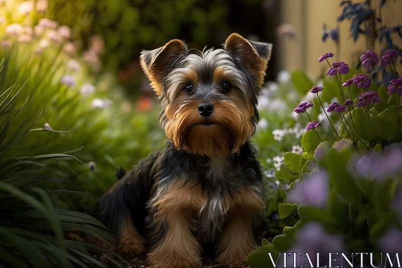 Yorkshire Terrier in Flower Bed Amidst Shadowy Trees AI Image