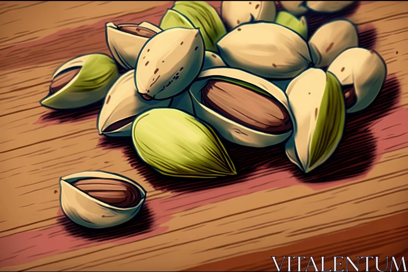 Pistachio Nuts Illustration on Wooden Table AI Image