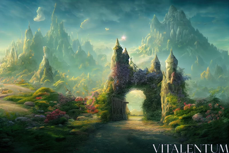 Fantasy Landscape Painting with a Tower Gate Amidst Mountains AI Image