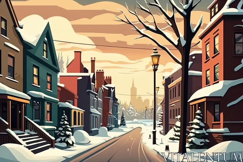 AI ART Winter Street Scene Cartoon Illustration