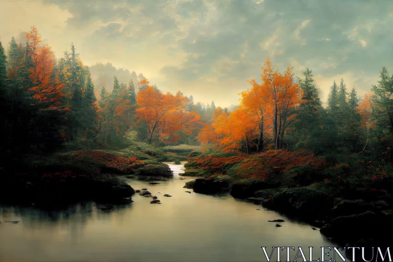 Serene River Landscape in Warm Colors AI Image