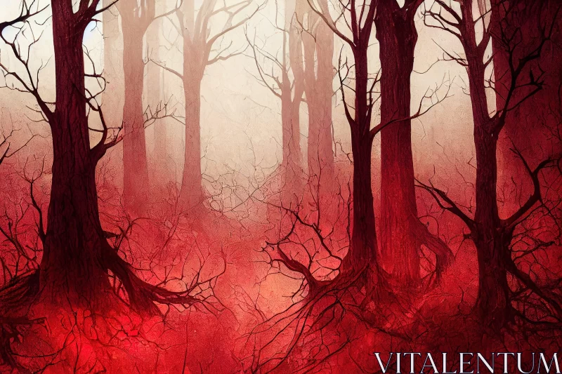 Mystery Unravelled: A Red Forest with Scary Trees Illustration AI Image