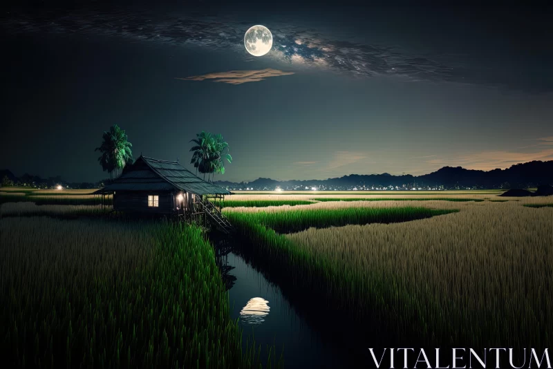 Moonlit House in Rice Field - Serene Nighttime Landscape AI Image