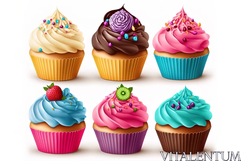 Detailed and Colorful Cupcake Illustrations on White Background AI Image