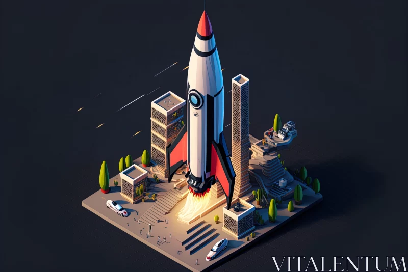 Isometric Rocket Launch: An Artistic Blend of Technology and Urban Landscape AI Image