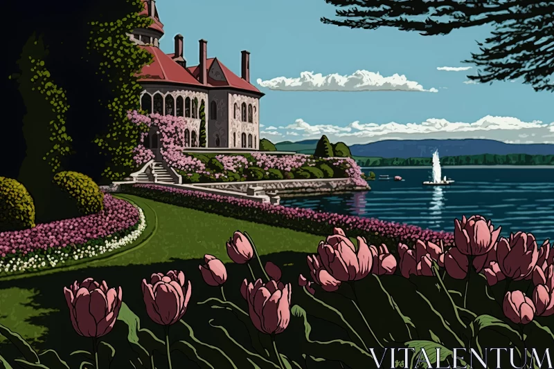 Nature-Inspired Art Nouveau Painting of Castle and Tulips AI Image