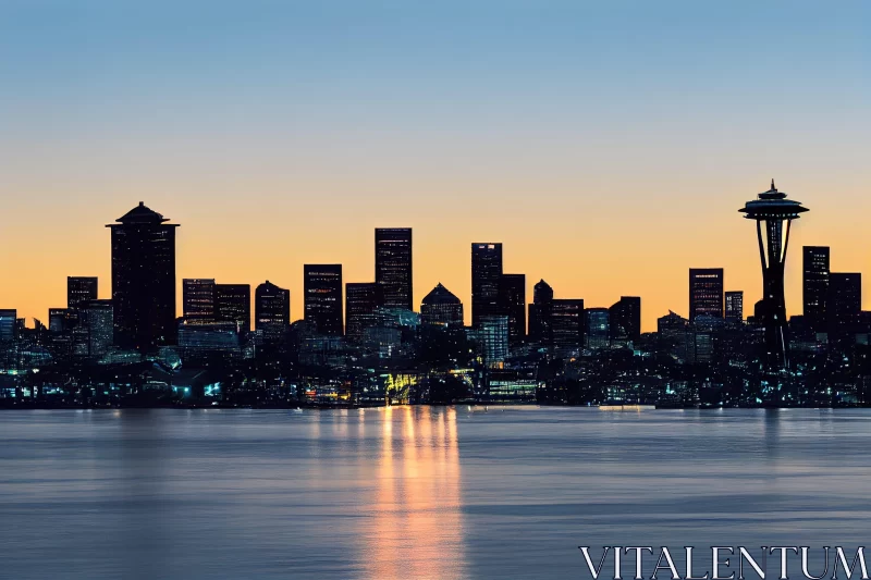 Seattle Skyline at Dusk: A Panoramic Tonalist Seascape AI Image