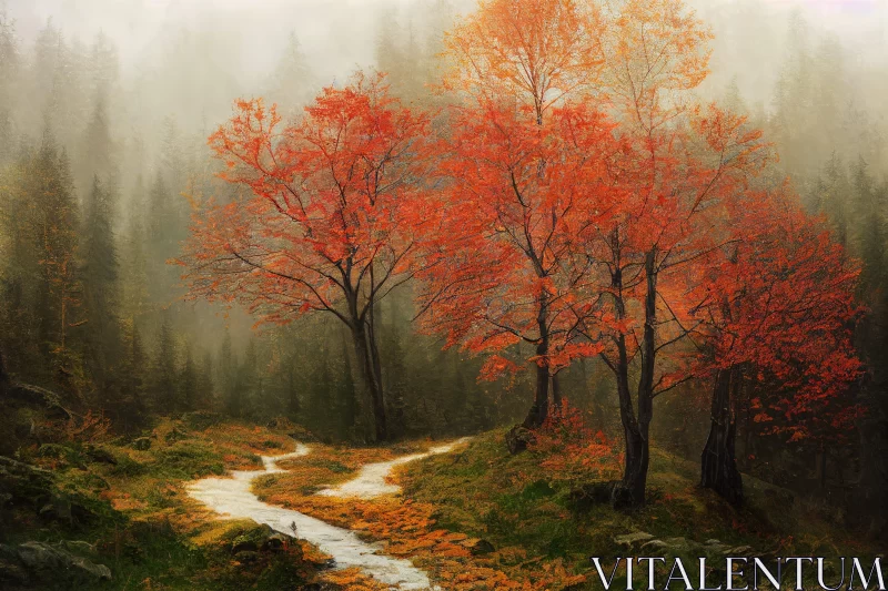 Autumn Trees in Red Mist: A Blend of Realism and Fantasy AI Image