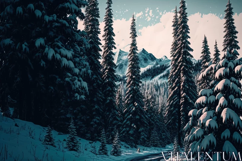 Enchanting Snowy Mountain Road - Captivating Winter Landscape AI Image