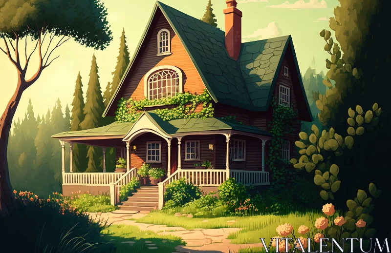 Whimsical Forest House - Soft Tonal Colors and Cartoon Style AI Image