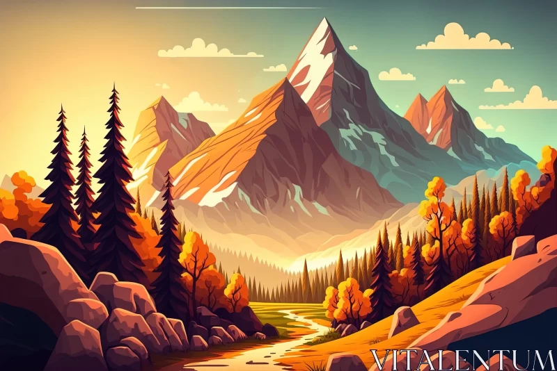 Detailed Autumn Mountain Valley Illustration AI Image
