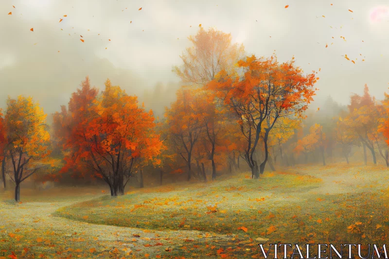 Misty Autumn Forest: A Vibrant Fantasy Landscape AI Image