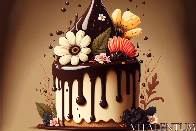 3D Chocolate Cake with Floral Designs and Nature Scenes AI Image