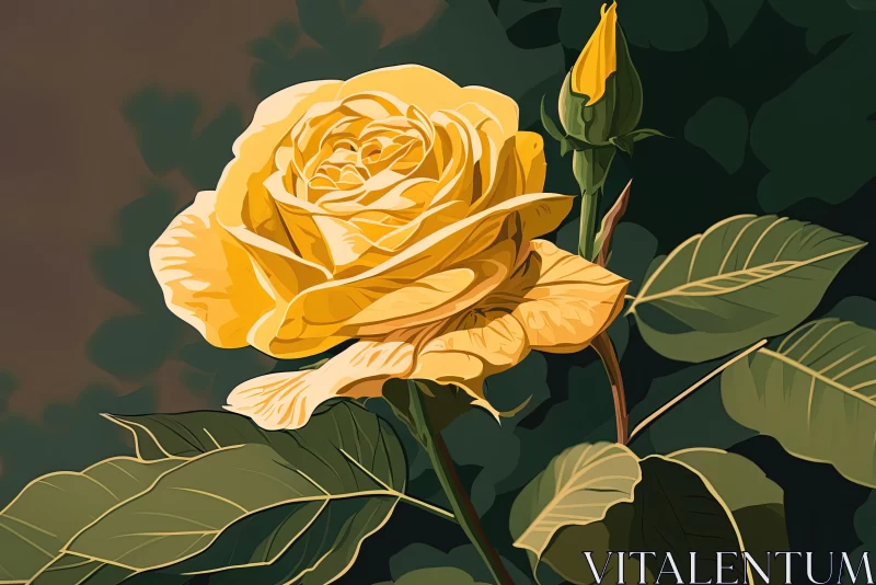 Captivating Yellow Rose Painting with Green Leaves in Tonalist Color Scheme AI Image