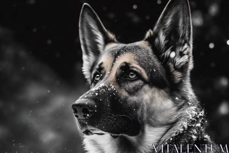 German Shepherd in Snow: A Black and White Digital Art Portrait AI Image