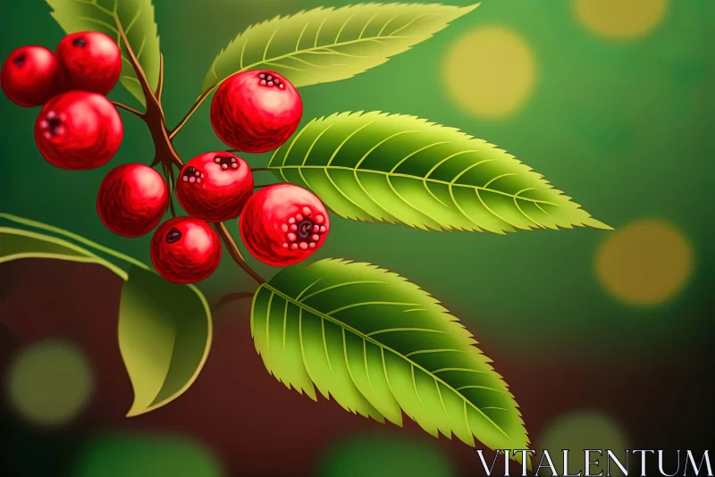 Red Berries on Green Background: A Nature-Inspired Illustration AI Image