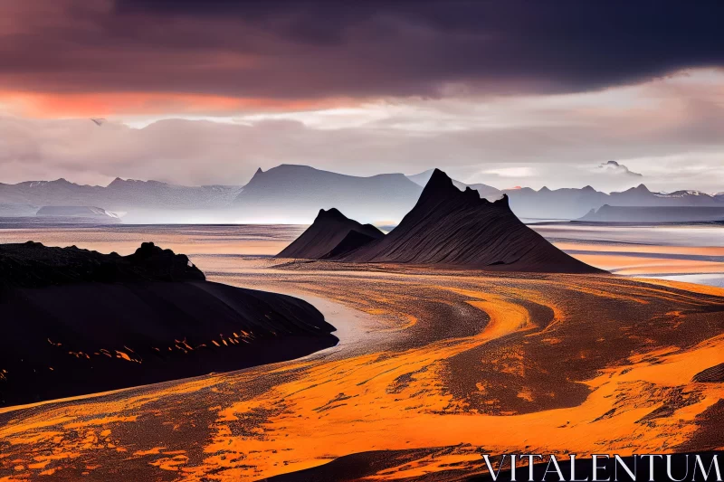 Iceland's Beautiful Sunset: A Fluid Landscape in Dystopian Shades AI Image