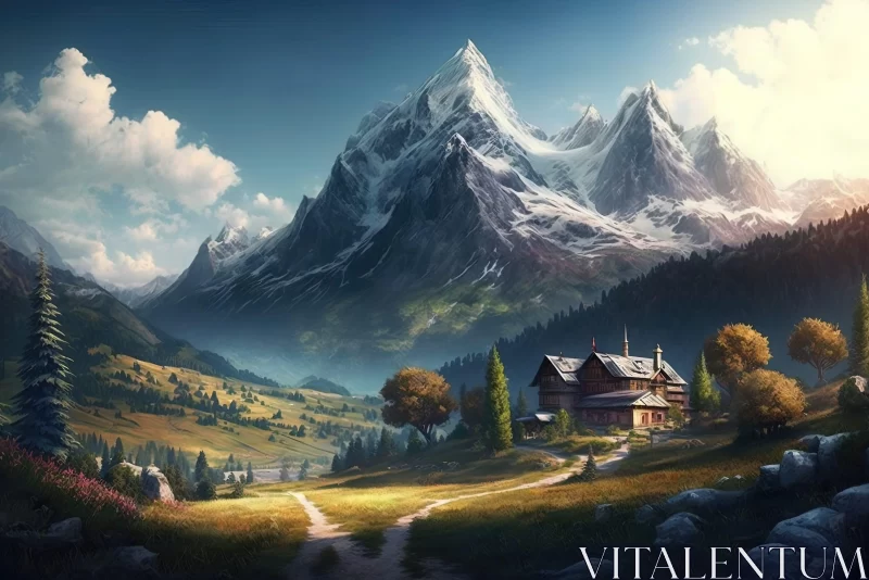 Scenic Mountain Countryside with Cabin - Digital Art Wallpaper AI Image