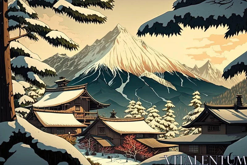 Art Poster of Japanese-Inspired Christmas Village in Winter AI Image