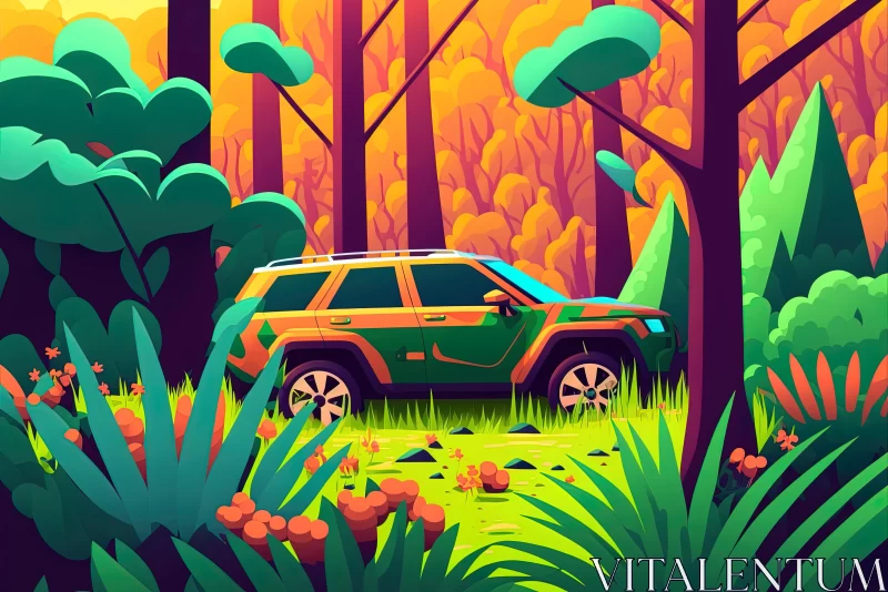 Nature-Inspired Illustration of SUV in Jungle AI Image