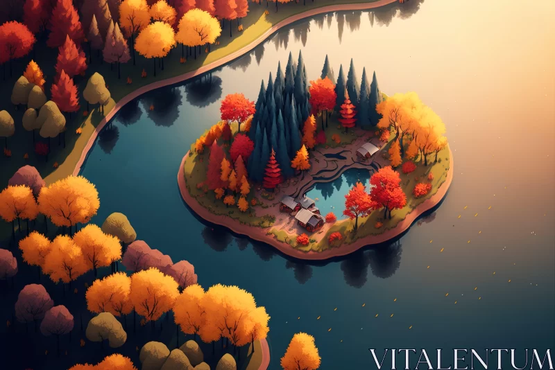 Autumn Island - A Tranquil Illustration of Nature's Beauty AI Image