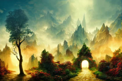 Fantasy Mountain Landscape with Arched Doorway