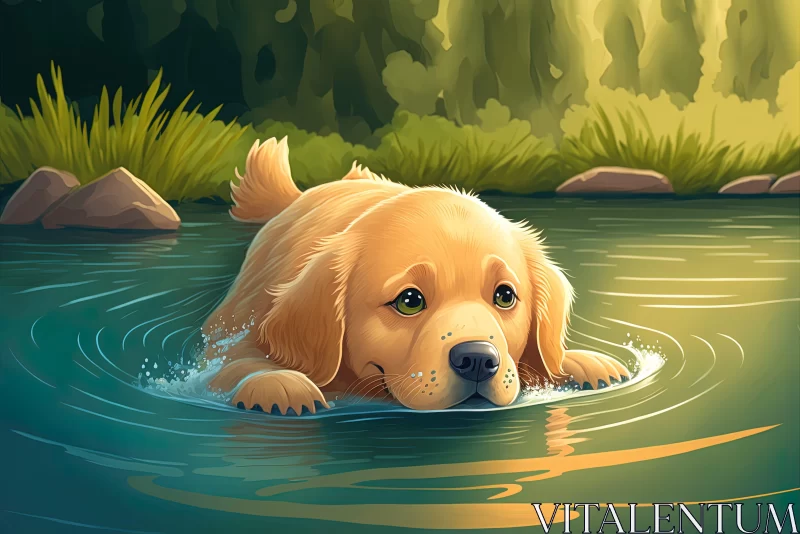 Golden Retriever Puppy by Calm Waters - Dreamlike Art Illustration AI Image