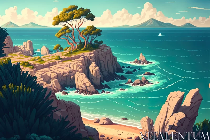 Mediterranean Inspired Island Painting - Neo-Geo Styled Illustration AI Image