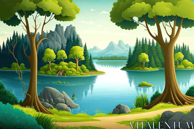 Serene Cartoon Forest Landscape with Waterfall and Lake AI Image