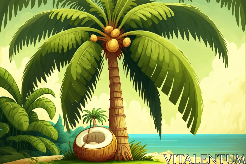 Tropical Beach Cartoon Illustration with Coconut Tree AI Image