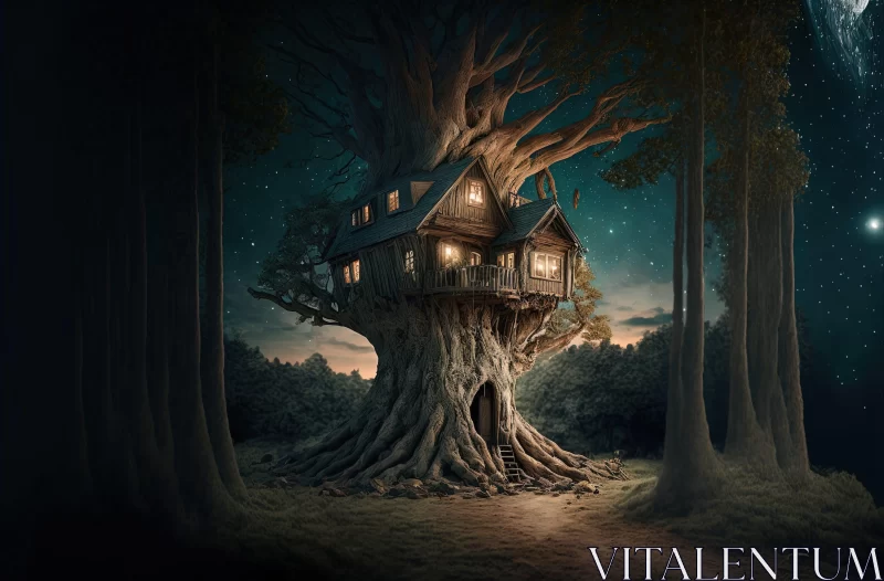 Enchanting Treehouse Nightscape - A Blend of Realism and Fantasy AI Image