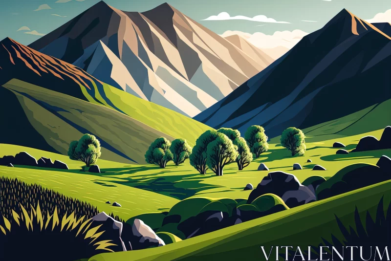 Nature-Inspired Precisionist Art: Mountains and Rolling Hills AI Image