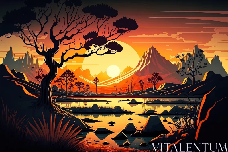 Alien Landscape in Orange and Black - Art Nouveau Style AI Image