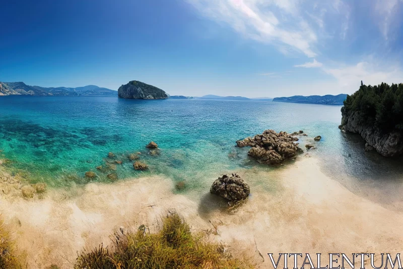 Panoramic View of Rocky Shore and Turquoise Bay Beach AI Image