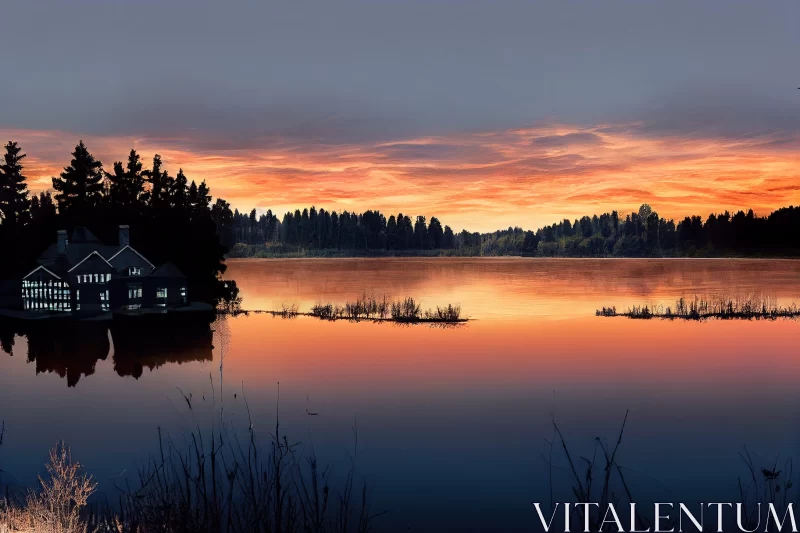 Serene Lake House at Sunrise AI Image