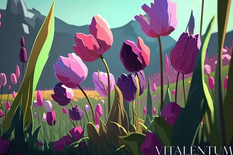 Anime Tulips 3D Desktop Wallpaper | Fauvist-Inspired Deconstructed Landscapes AI Image