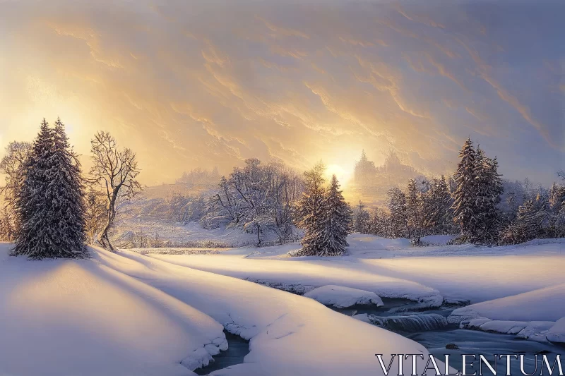Snowy Landscape Painting with Golden Light and River AI Image
