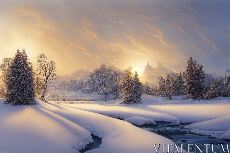 Snowy Landscape Painting with Golden Light and River