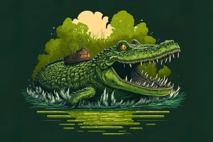 Alligator Artwork with Detailed Ship Sails and Jungle Mystique