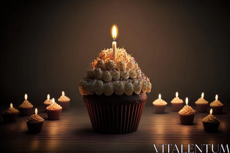 Chocolate Birthday Cake Illuminated by Candles with Cupcakes in Background AI Image