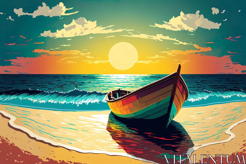 Colorful Boat on Beach: A Fusion of Realism and Pop-Art Aesthetics AI Image