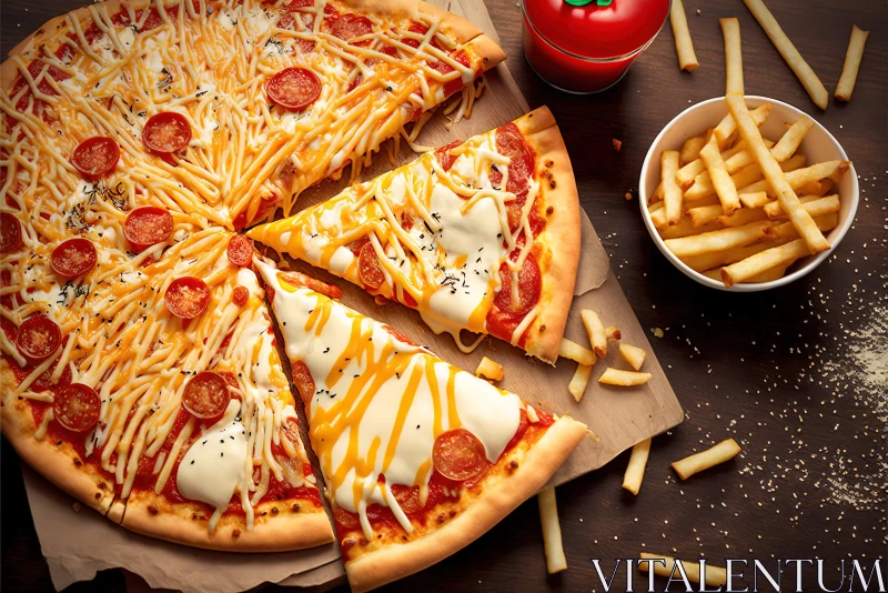 Photorealistic Still Life: Cheese Pizza and Fries AI Image