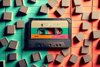Colorful Cassette Tape on Maroon and Green Backdrop
