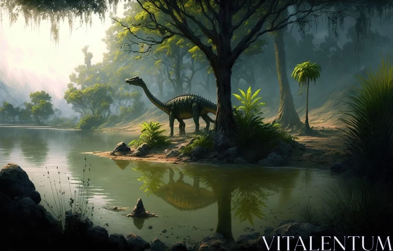 Mysterious Jungle: A Dinosaur by the Lake Painting AI Image